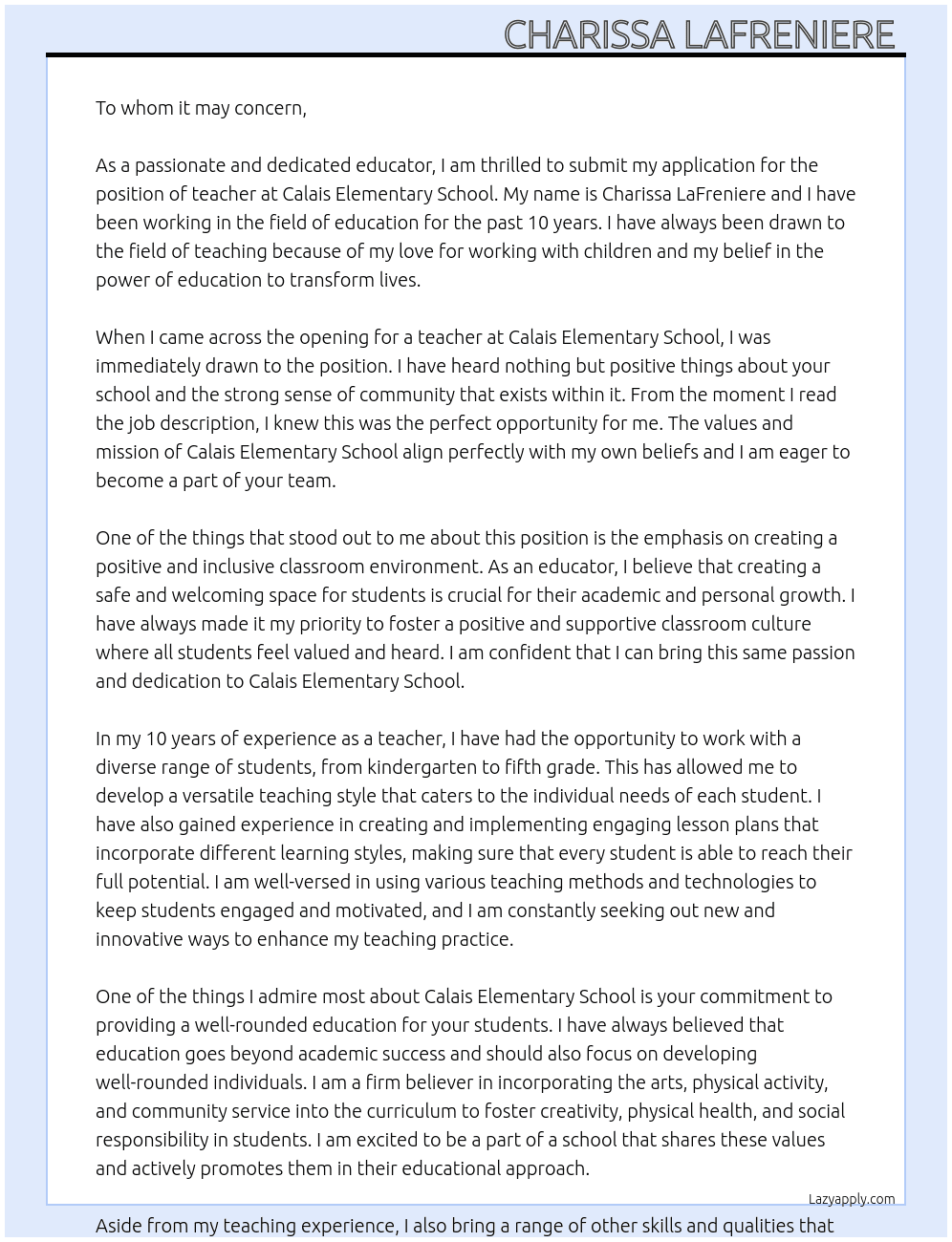 teacher At Calais Elementary School  Cover Letter