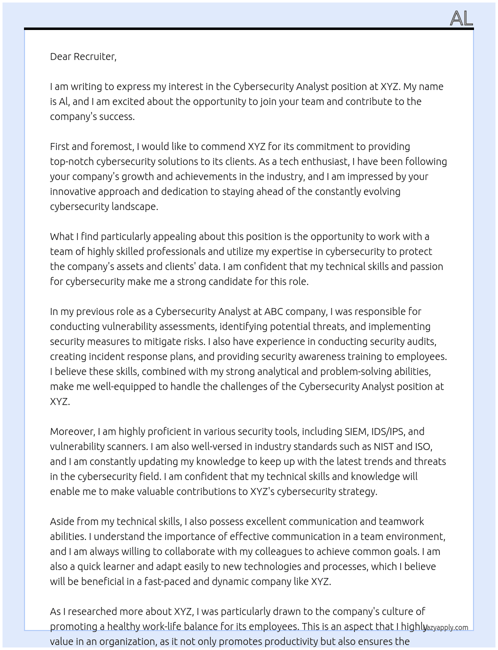 cybersecurity analyst At XYZ Cover Letter