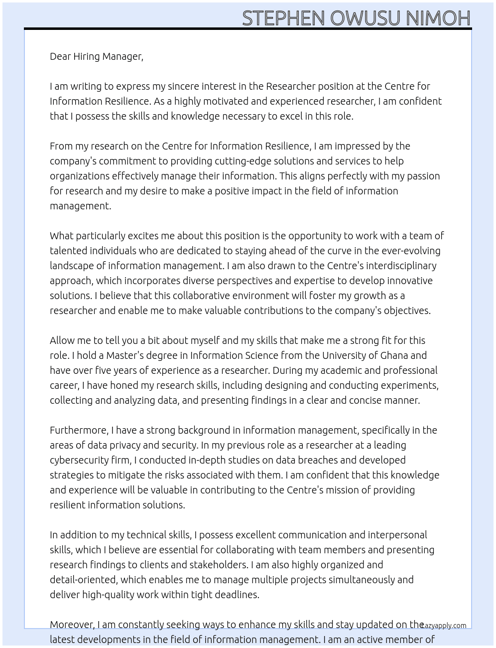 Researcher At centre for information resilience  Cover Letter