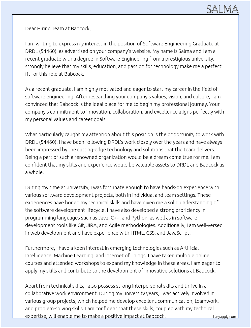 Software Engineering Graduate - DRDL (54460) At Babcock Cover Letter