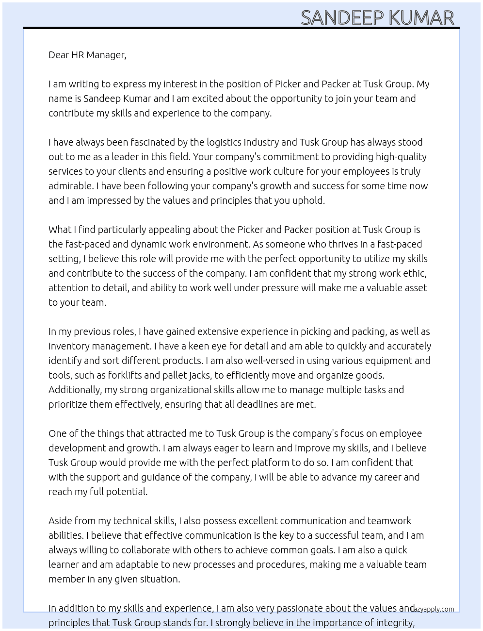 Picker and packers  At Tusk Group  Cover Letter