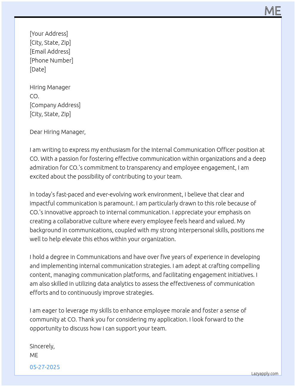 Internal Communication Officer At CO. Cover Letter
