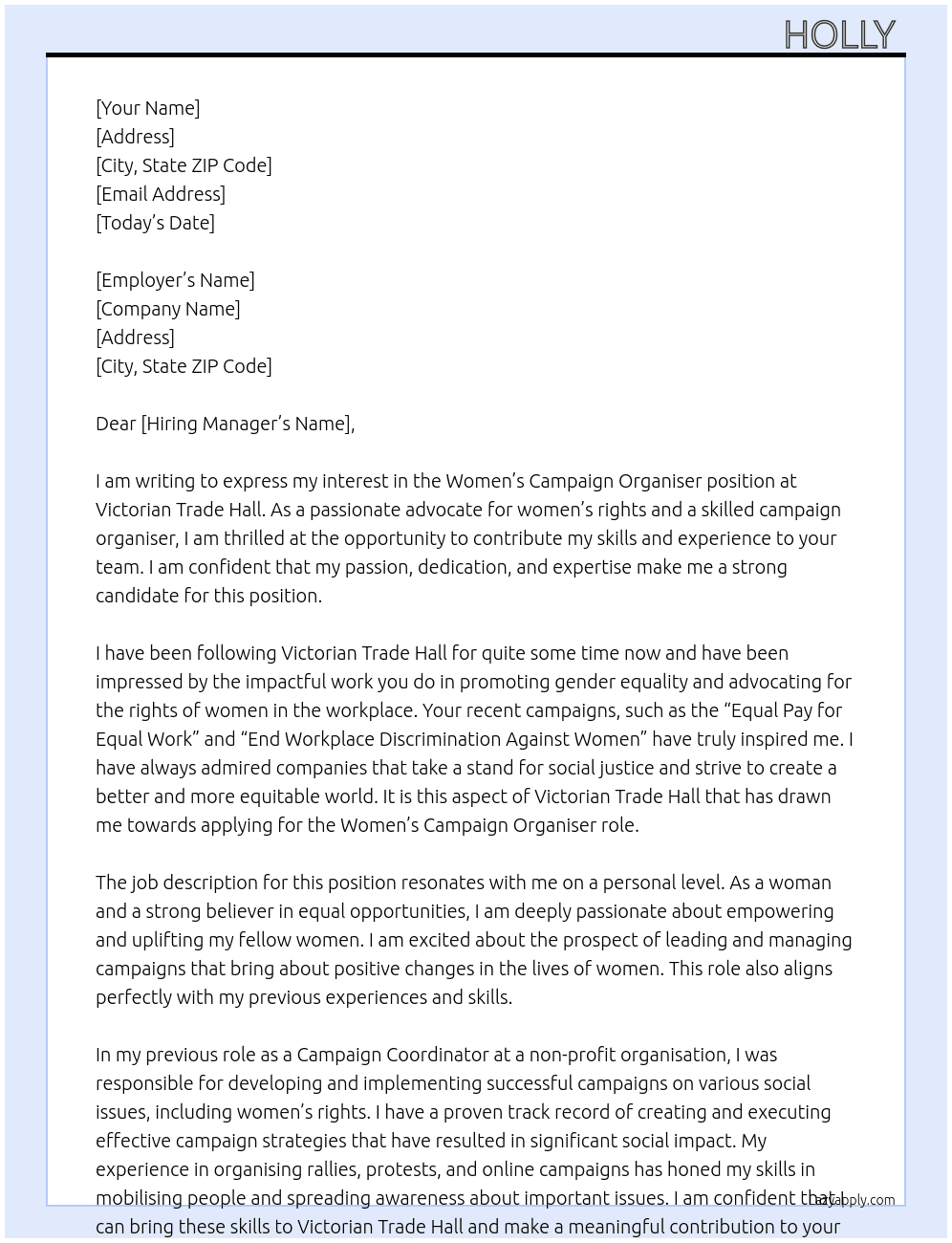 Women's Campaign Organiser  At Victorian Trade Hall Cover Letter