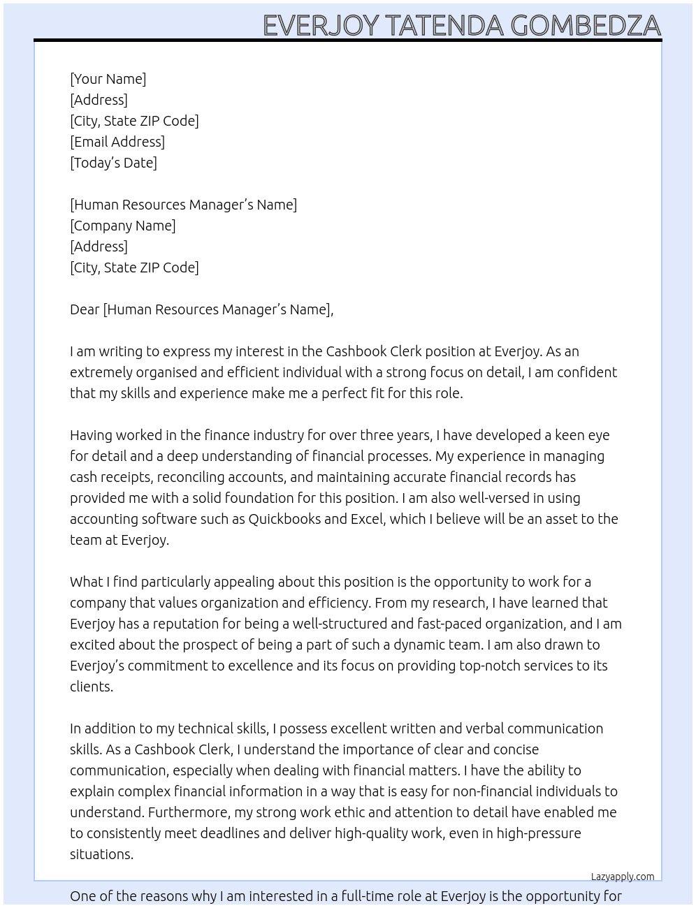 Cashbook clerk At Everjoy Cover Letter