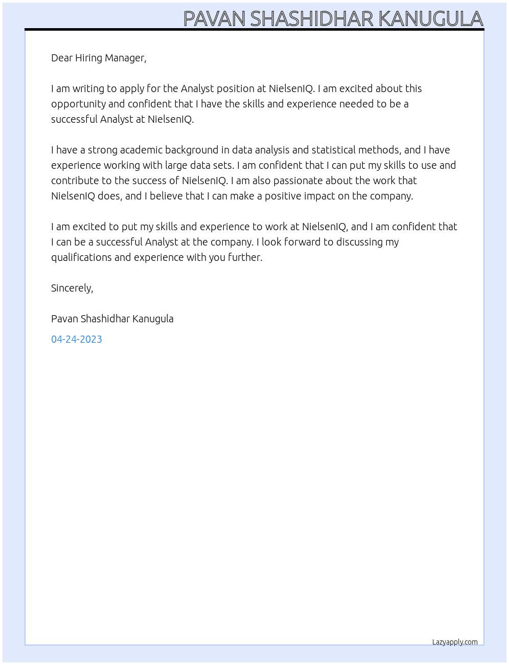 Analyst At NielsenIQ Cover Letter