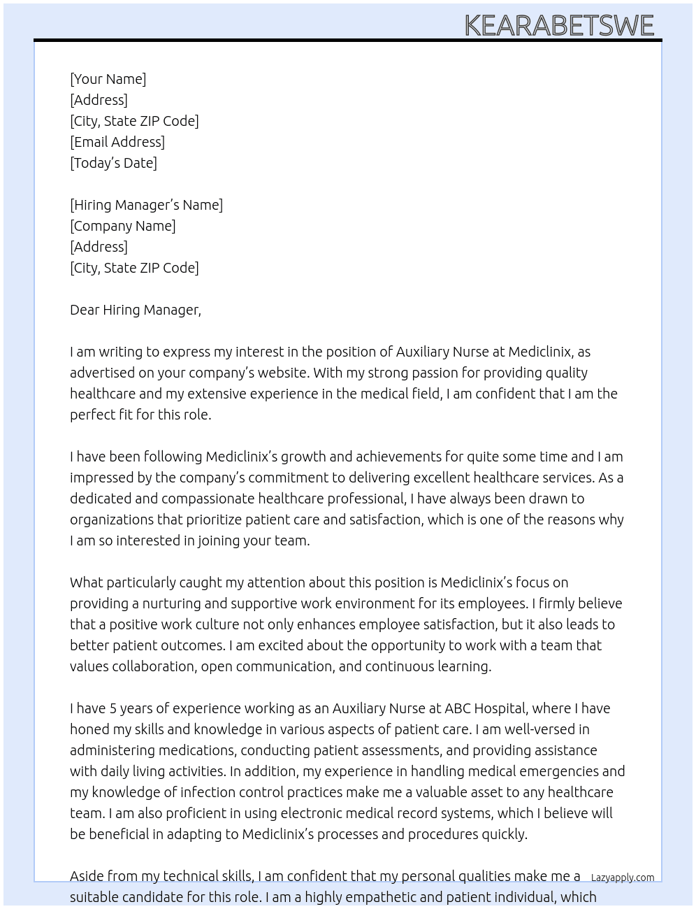 Auxiliary nurse  At Mediclinix Cover Letter