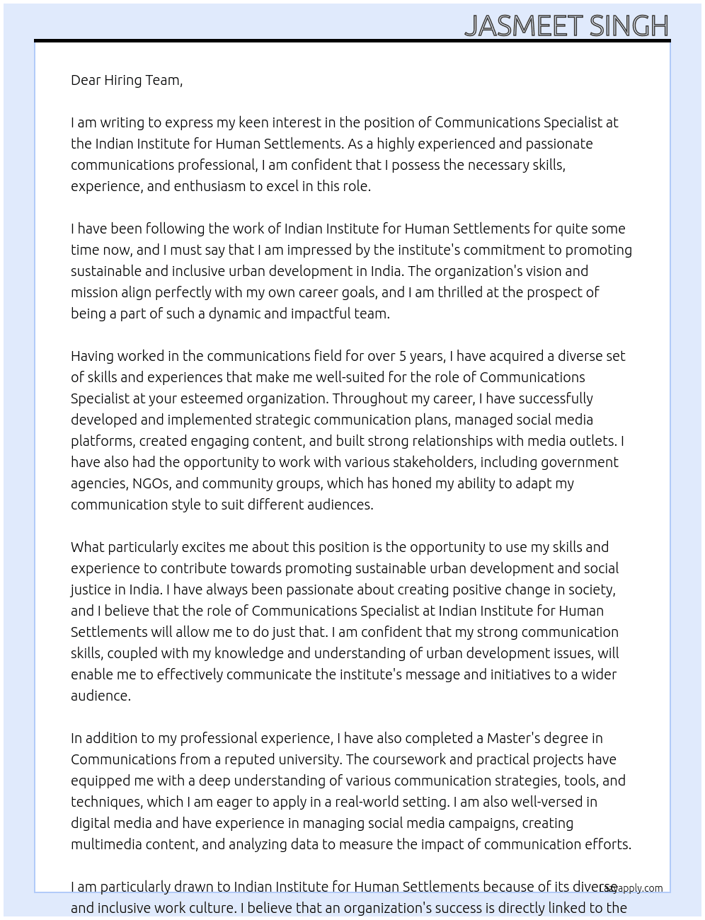 Communications Specialist At Indian Institute for Human Settlements Cover Letter
