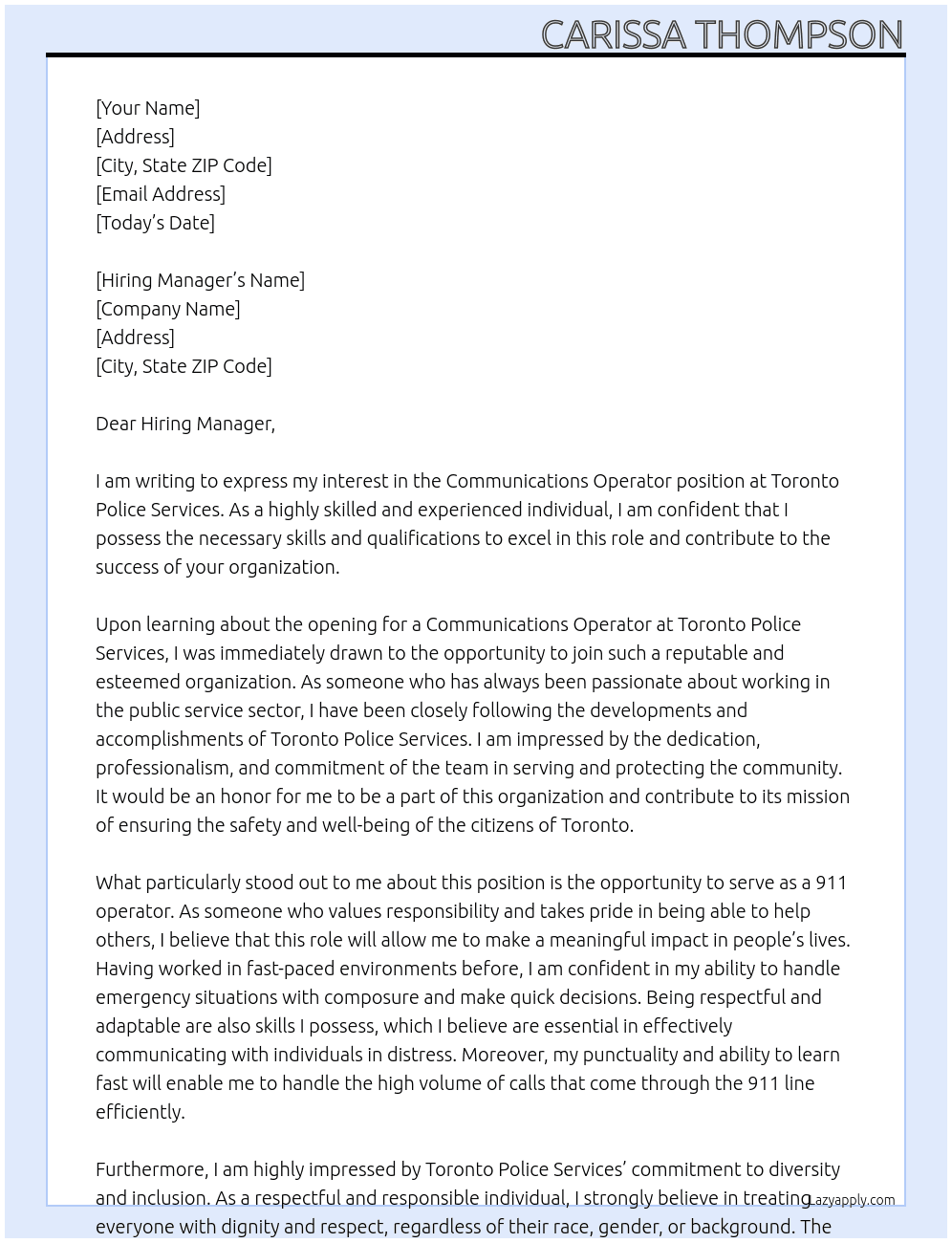 Communications operator  At Toronto Police Services  Cover Letter