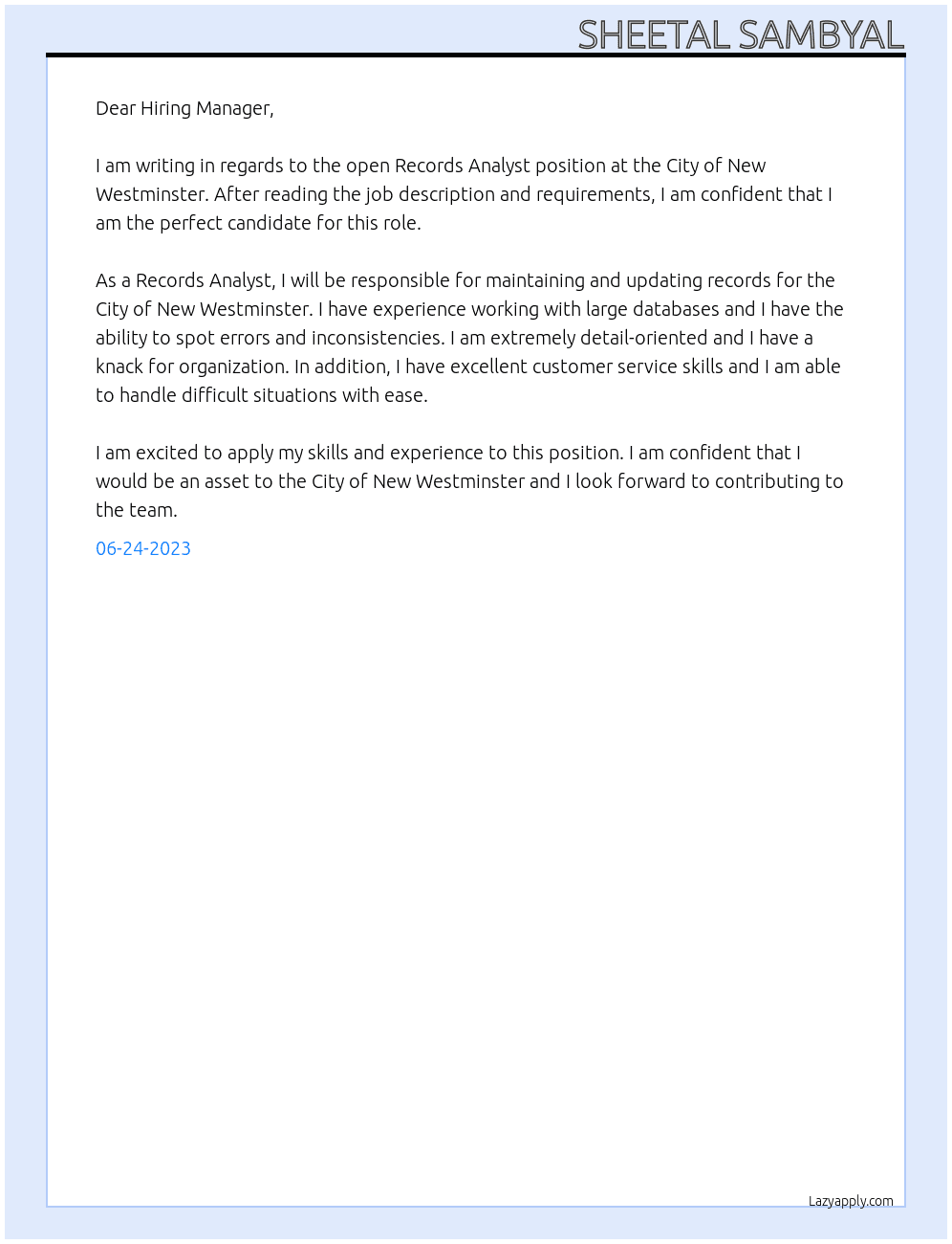 Records Analyst At City of new westminister Cover Letter