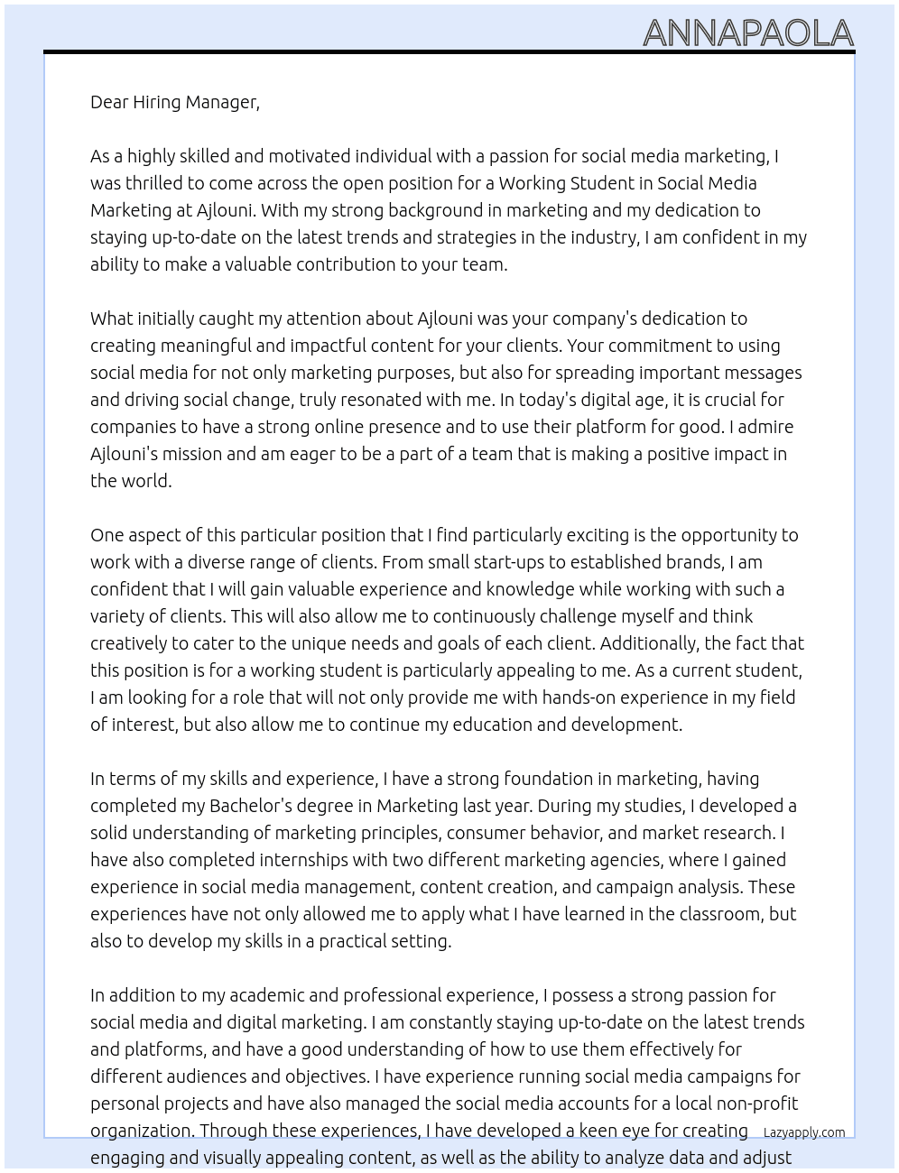 Working Student Social Media Marketing At Ajlouni Cover Letter