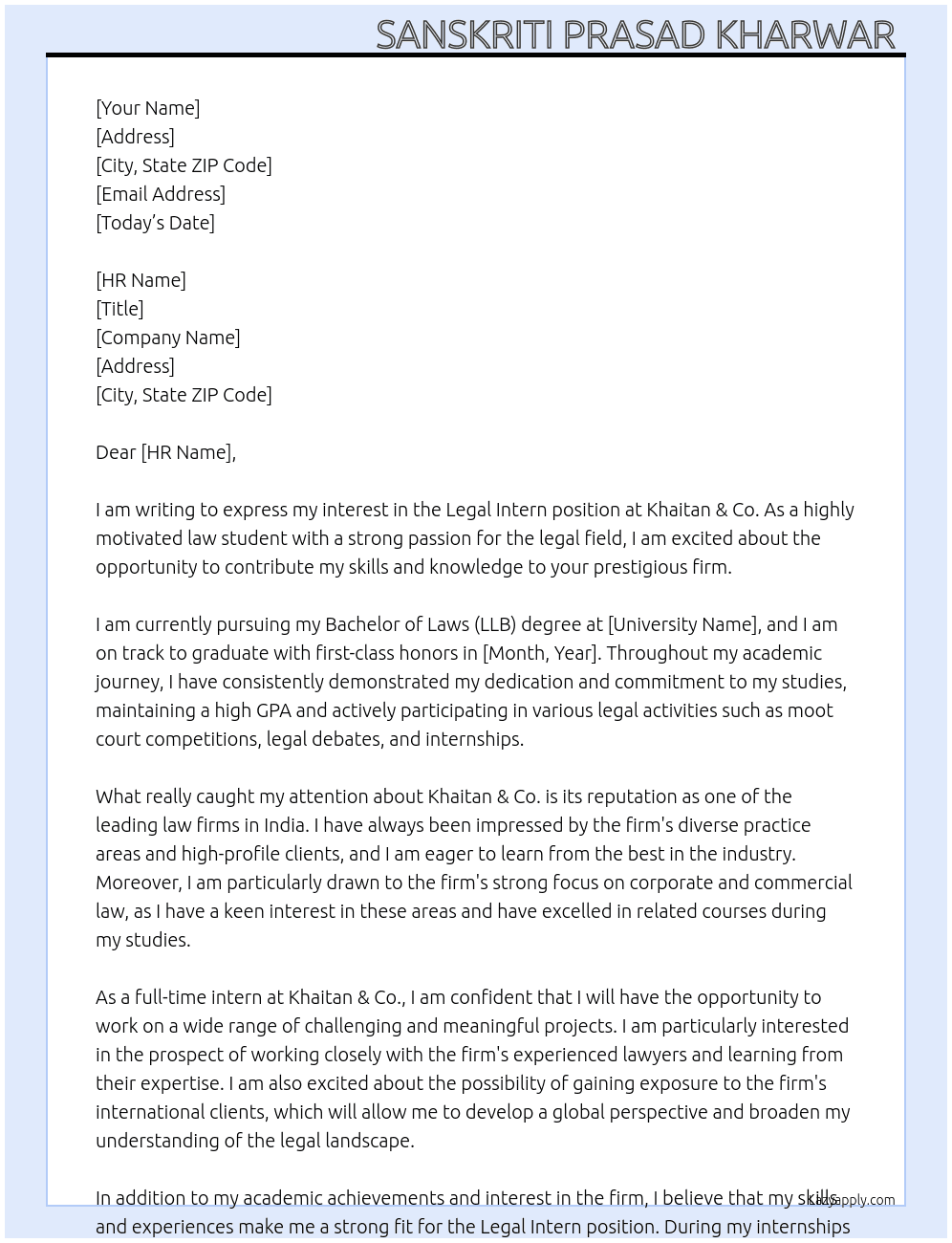 legal intern  At khaitain & co. Cover Letter