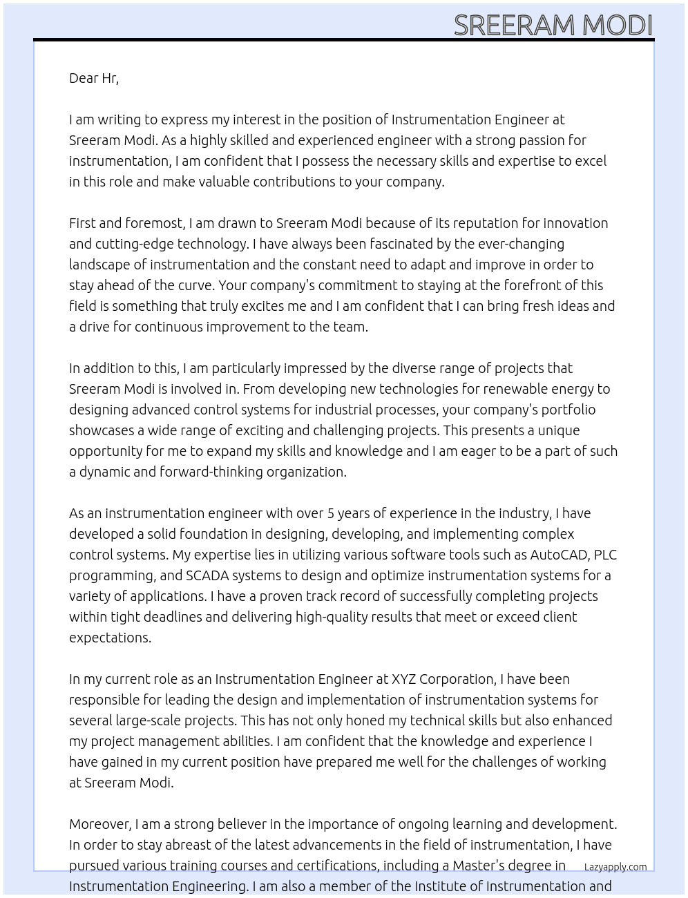 Instrumentation Engineer At Sreeram modi Cover Letter