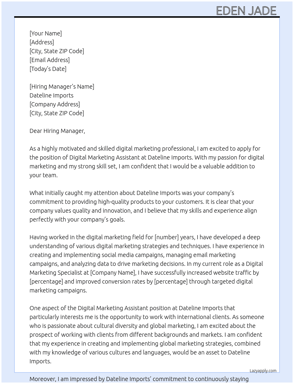 Digital Marketing Assistant  At Dateline Imports  Cover Letter