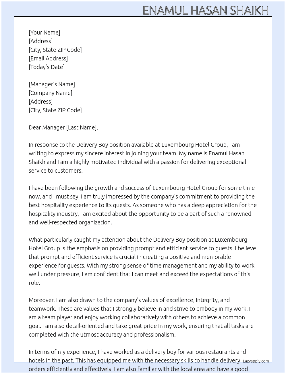 Delivery boy At Luxembourg Hotel Group Cover Letter