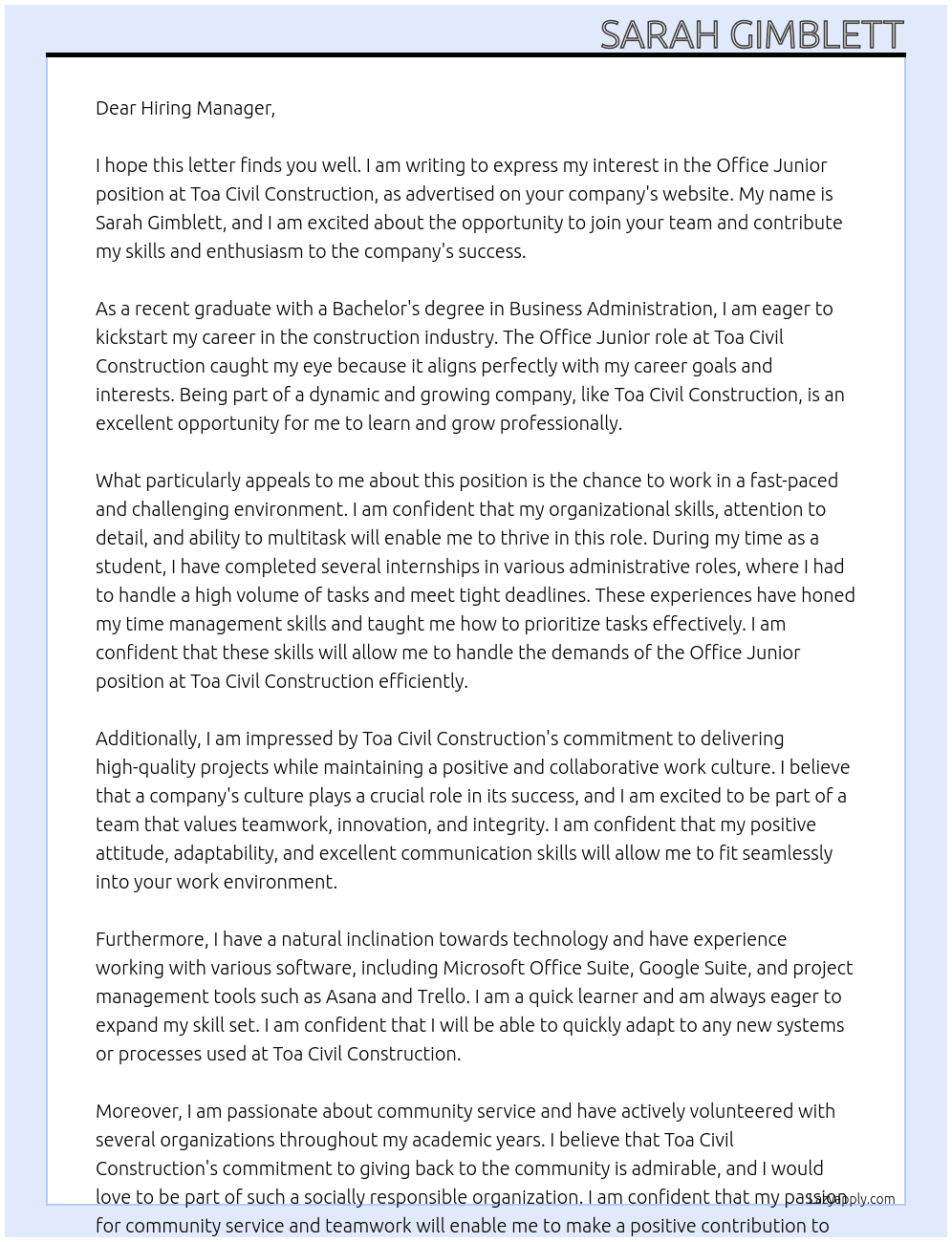 Office Junior At Toa Civil Construction Cover Letter