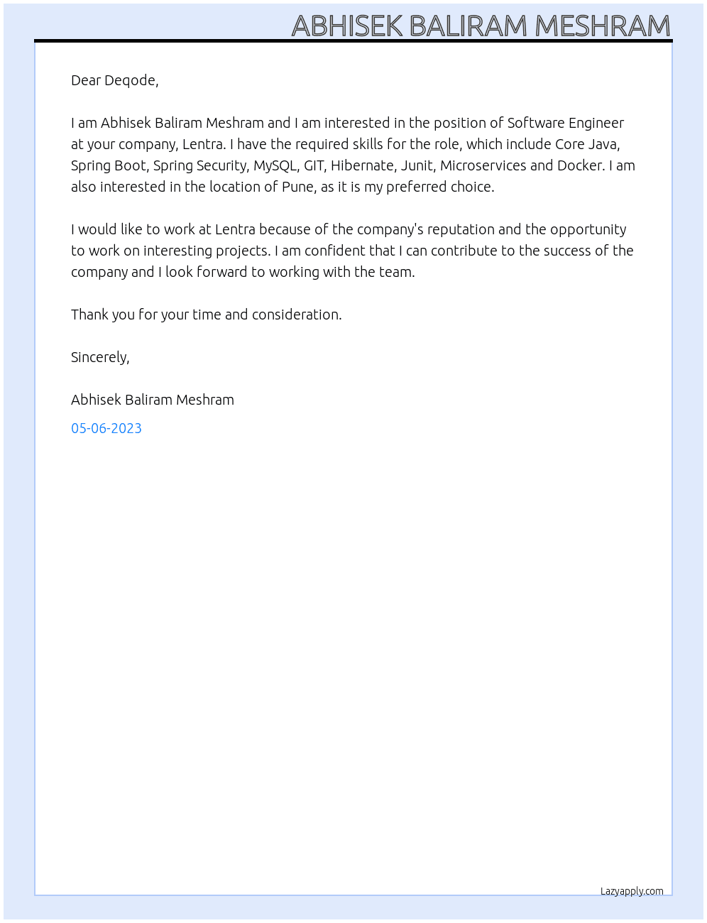 Software Engineer At Lentra Cover Letter