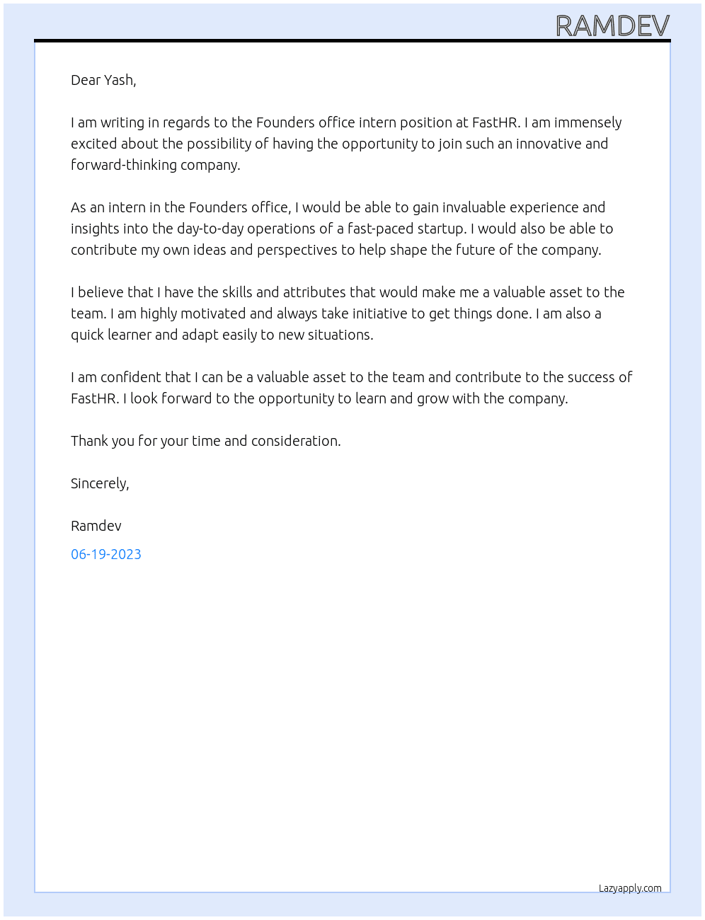 Founders office intern At FastHR Cover Letter