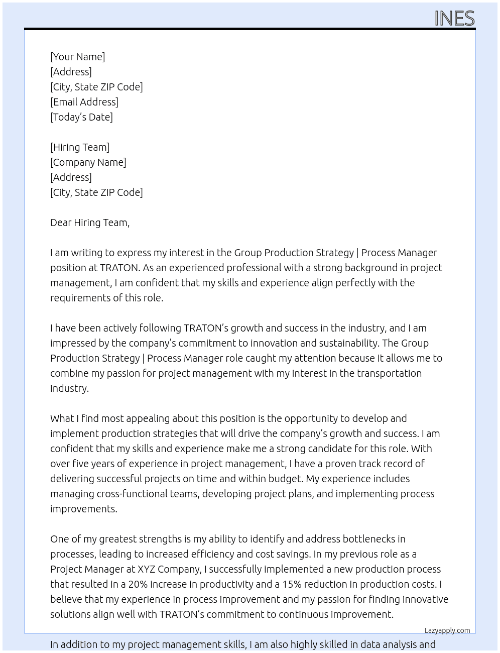 Group Production Strategy | Process Manager At TRATON Cover Letter