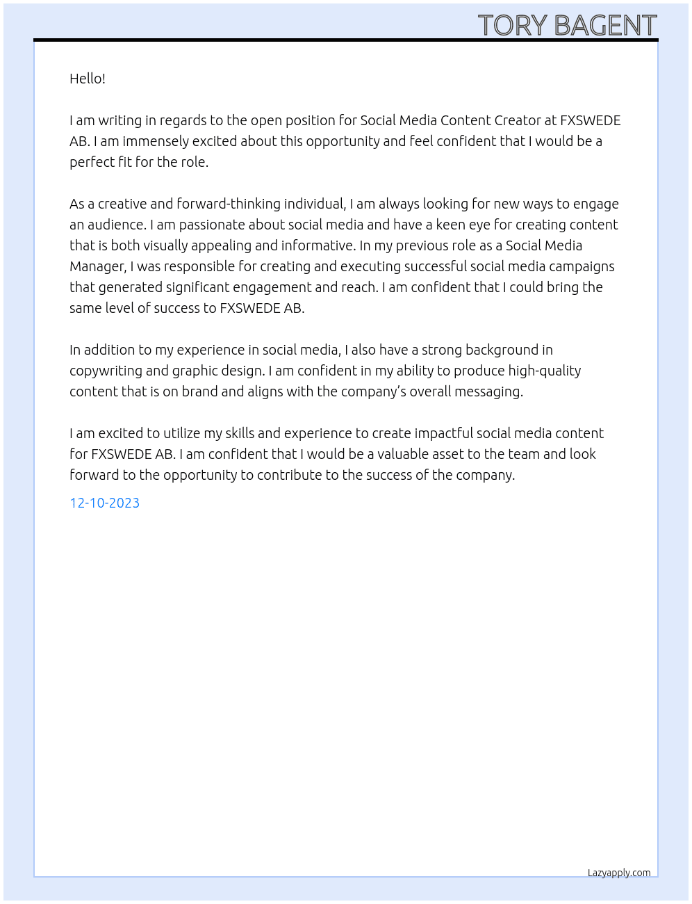Social Media Content Creator At FXSWEDE AB Cover Letter