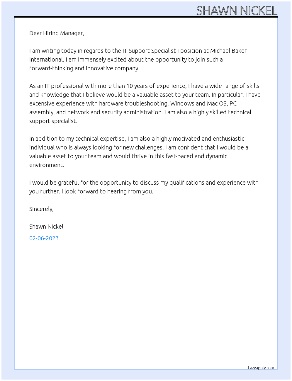 IT Support Specialist I At Michael Baker International Cover Letter