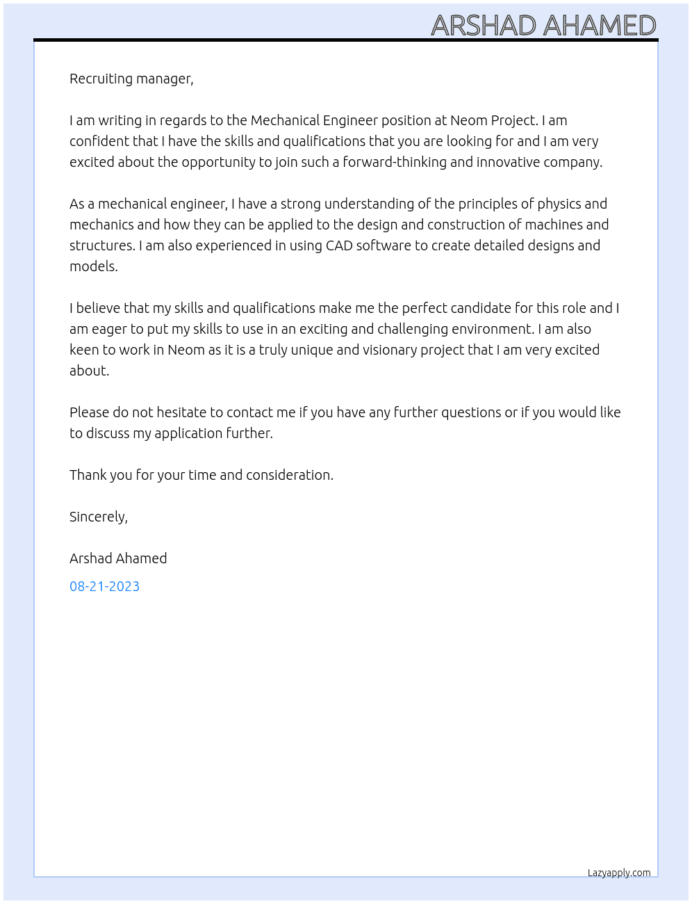 Mechanical Engineer At Neom Project  Cover Letter