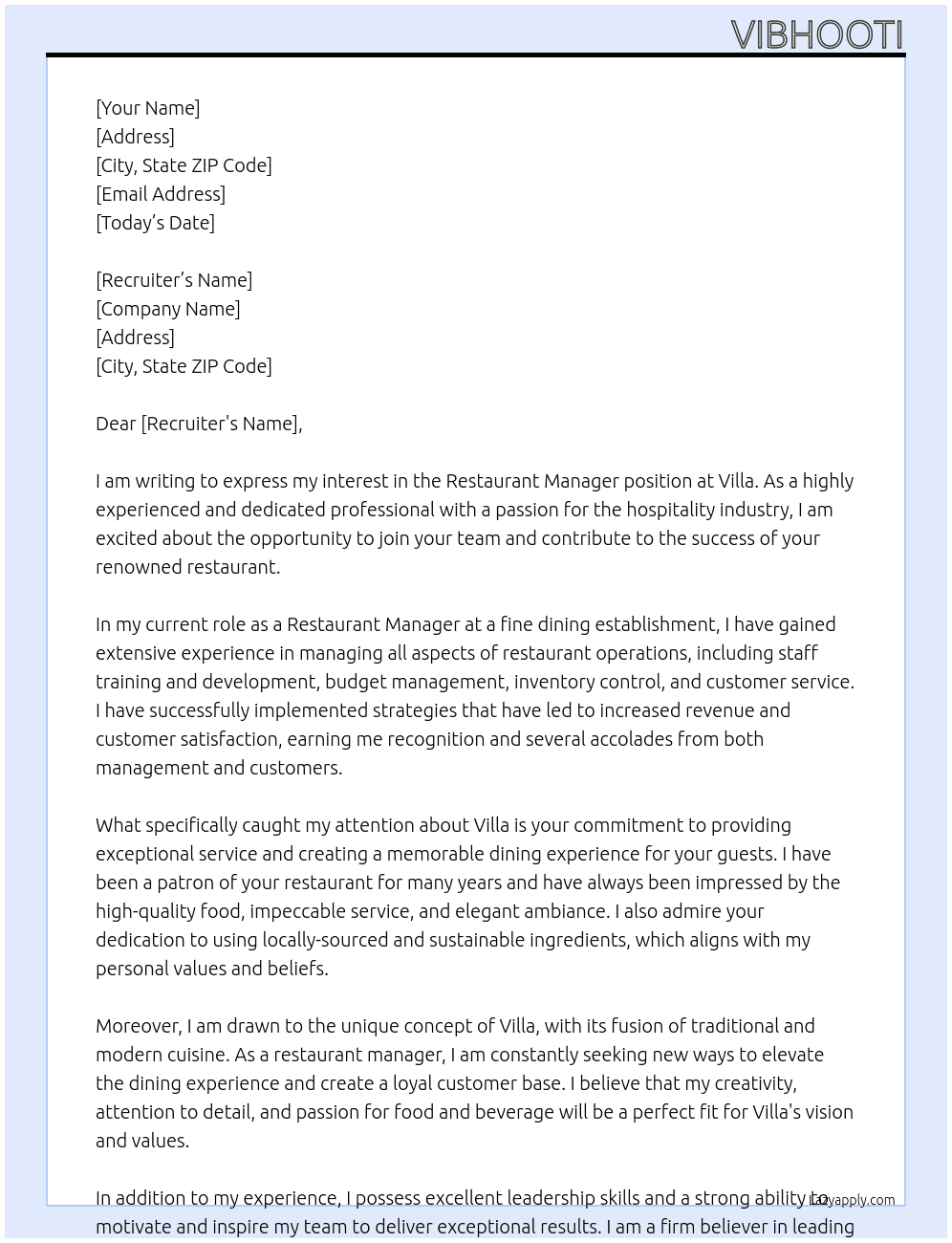 restaurant manager At villa Cover Letter