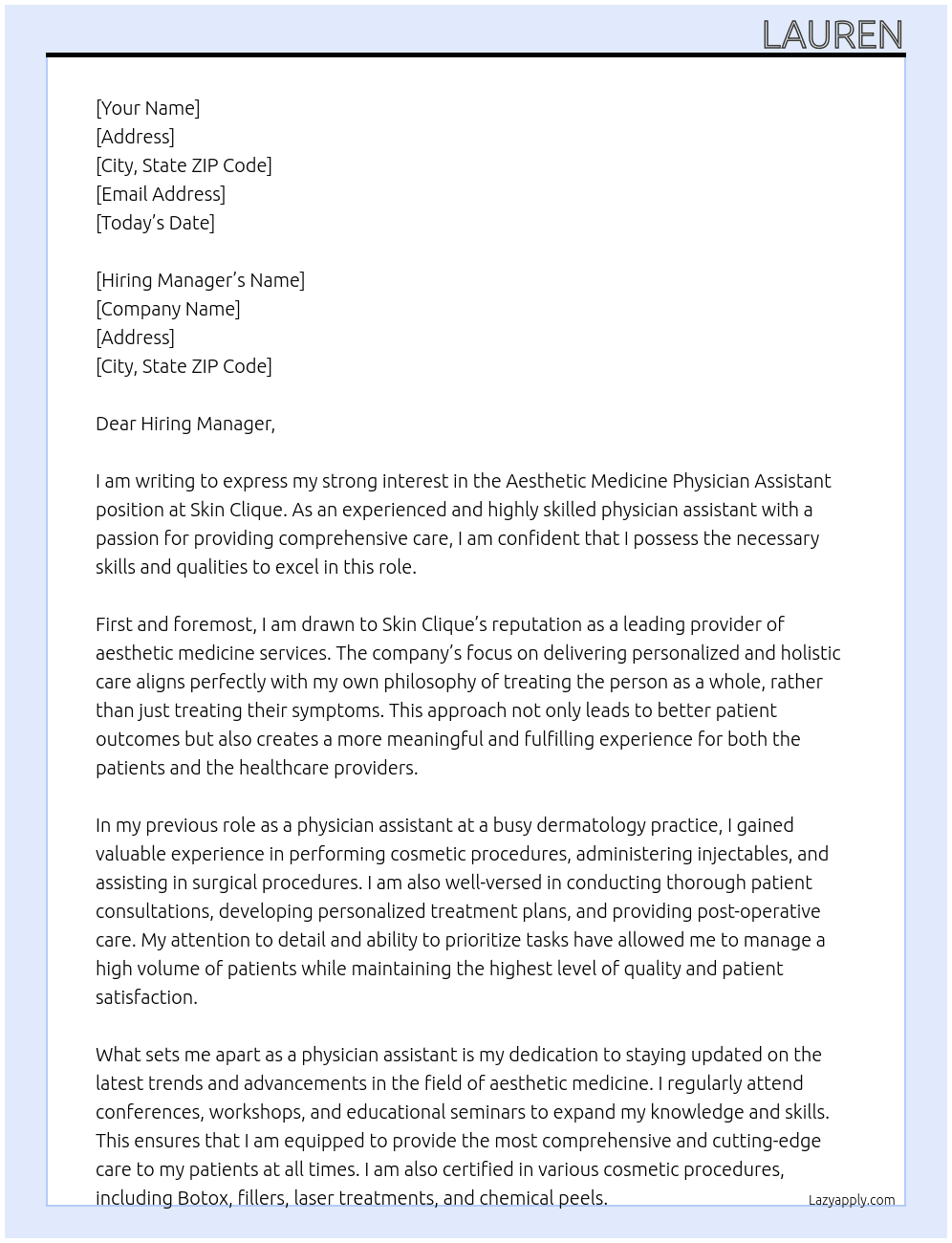 aesthetic medicine physician assistant At Skin Clique Cover Letter