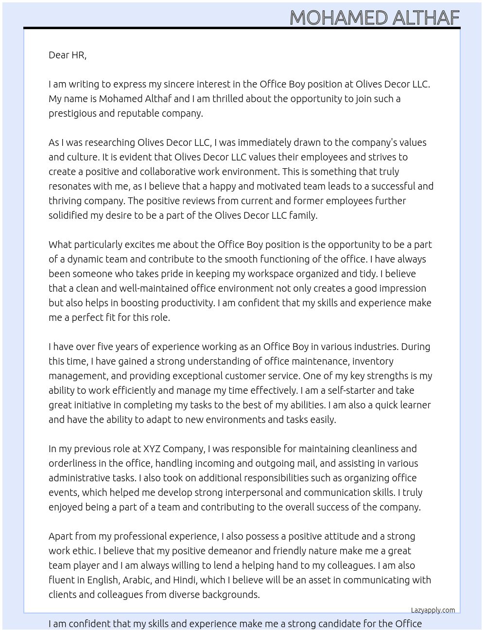 Office Boy At  Olives Decor LLC Cover Letter