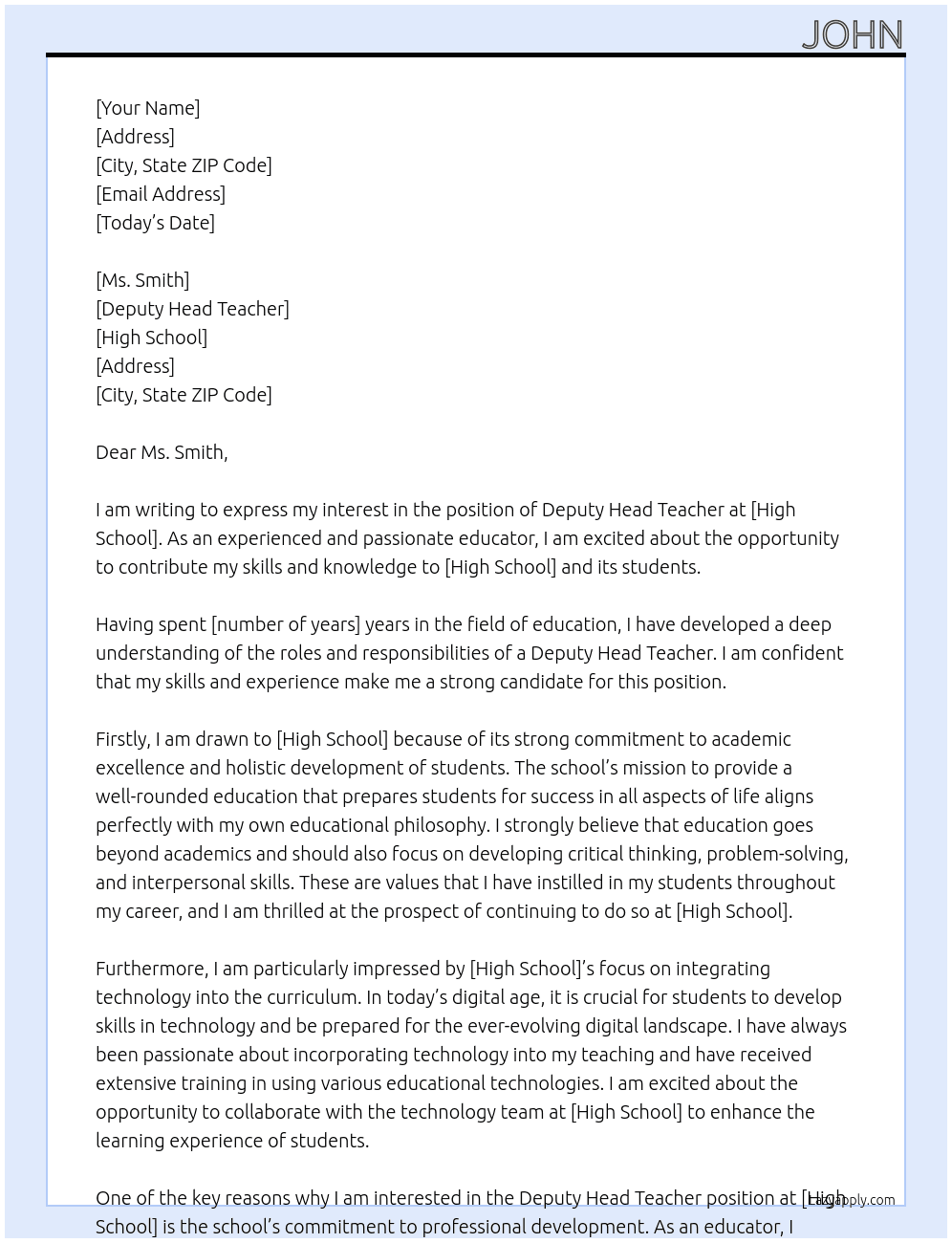 deputy head teacher At high school Cover Letter