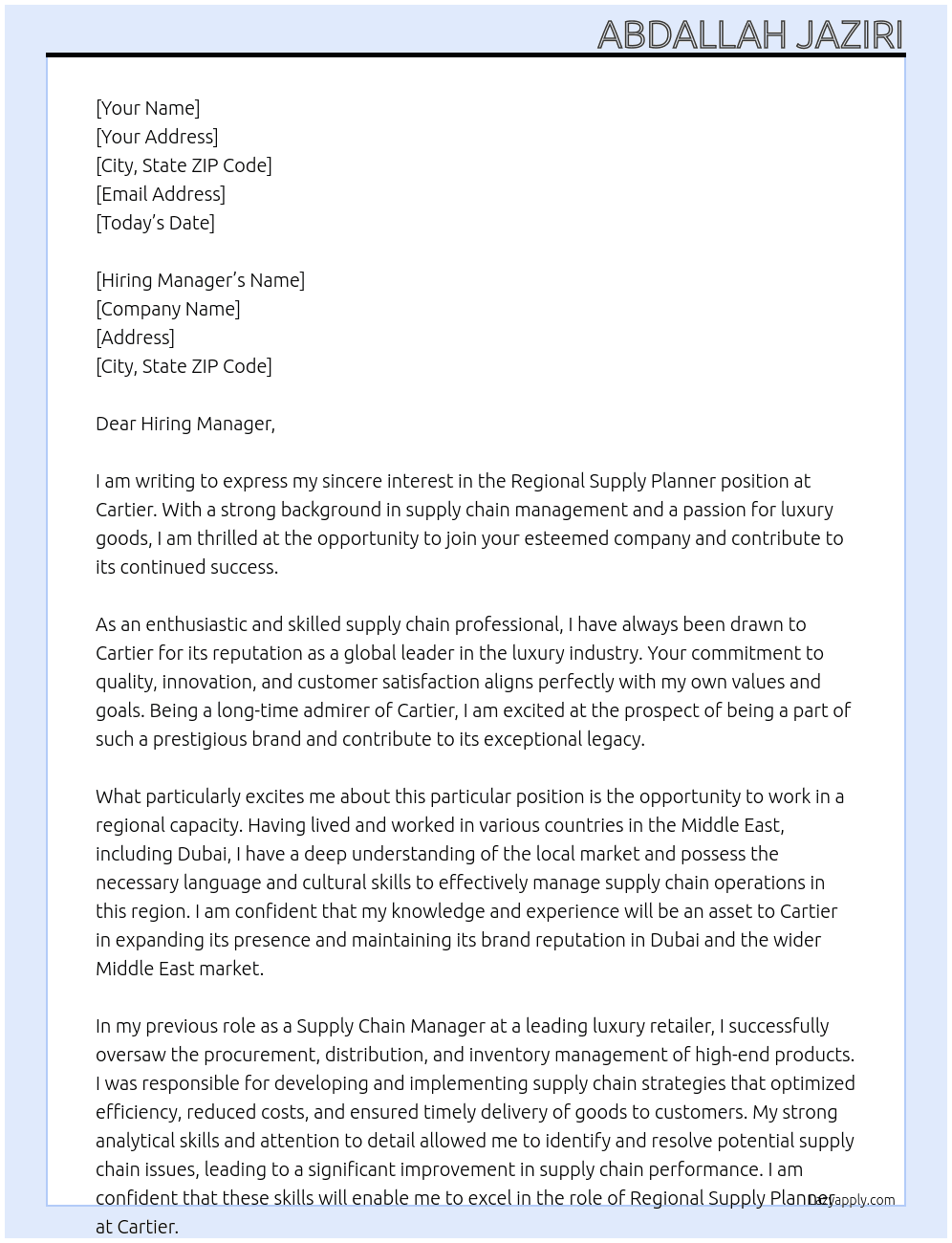 Regional Supply Planner At Cartier Cover Letter