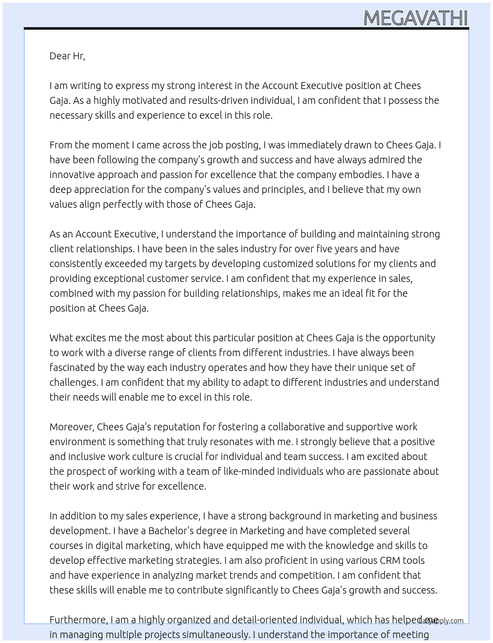 Account executive  At Chees gaja Cover Letter