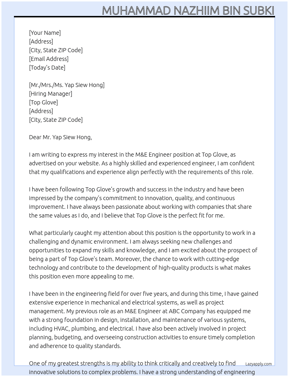 M&E Engineer At Top Glove Cover Letter
