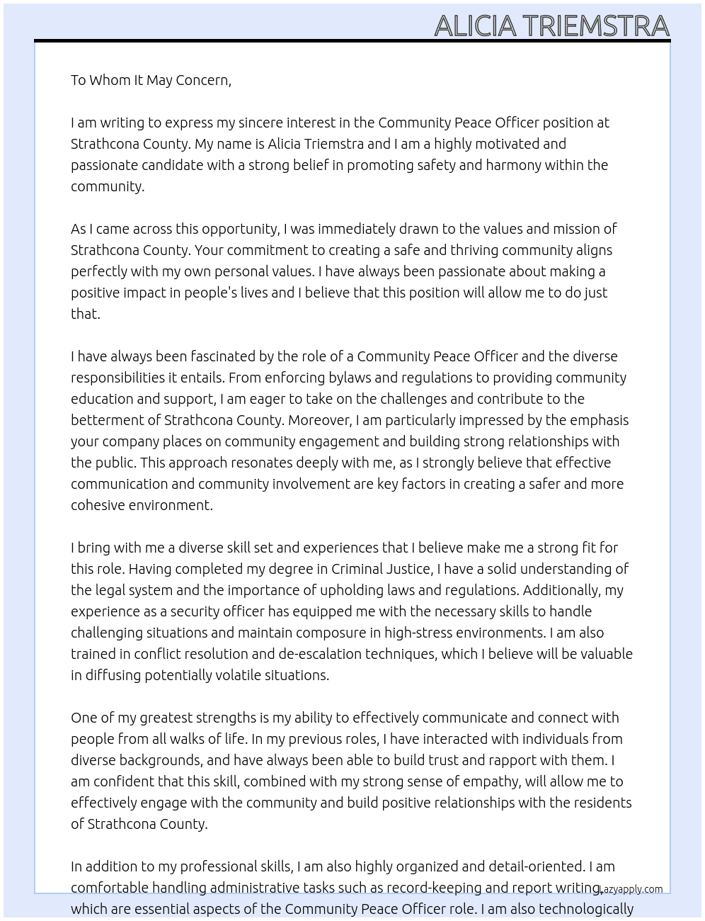 Community Peace Officer At Strathcona County  Cover Letter