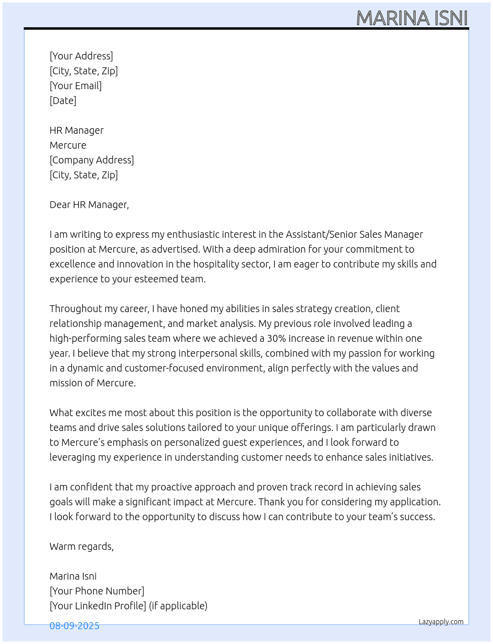 Assistant / Senior Sales Manager At Mercure Cover Letter