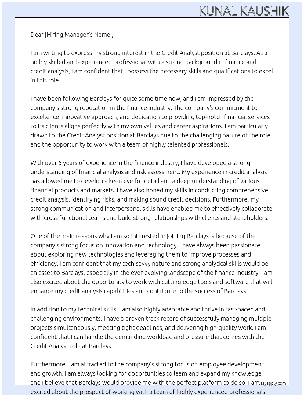 credit analyst At barclays Cover Letter