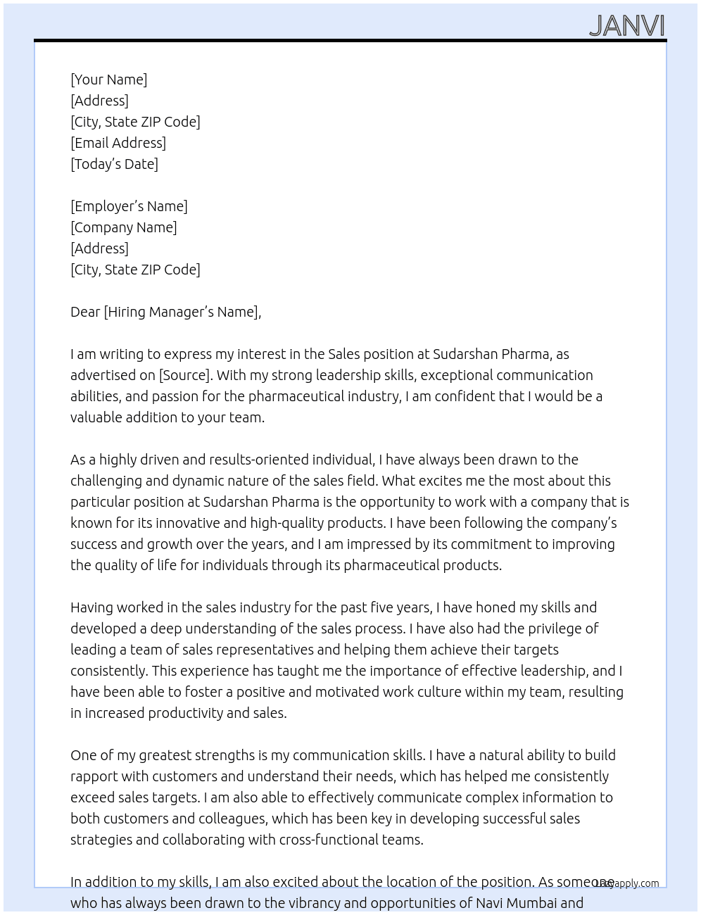 Sales At Sudarshan Pharma Cover Letter