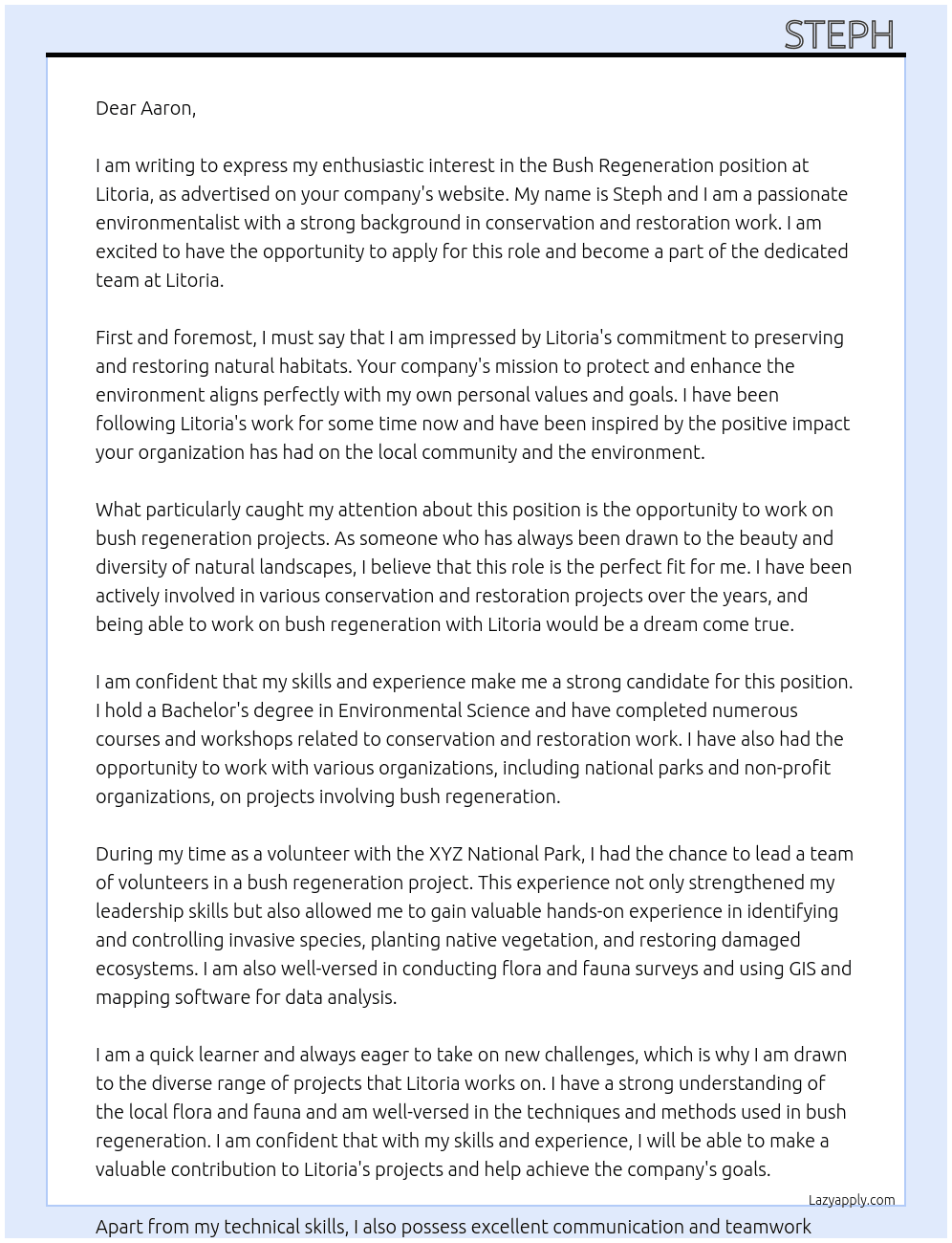 Bush regeneration  At Litoria  Cover Letter