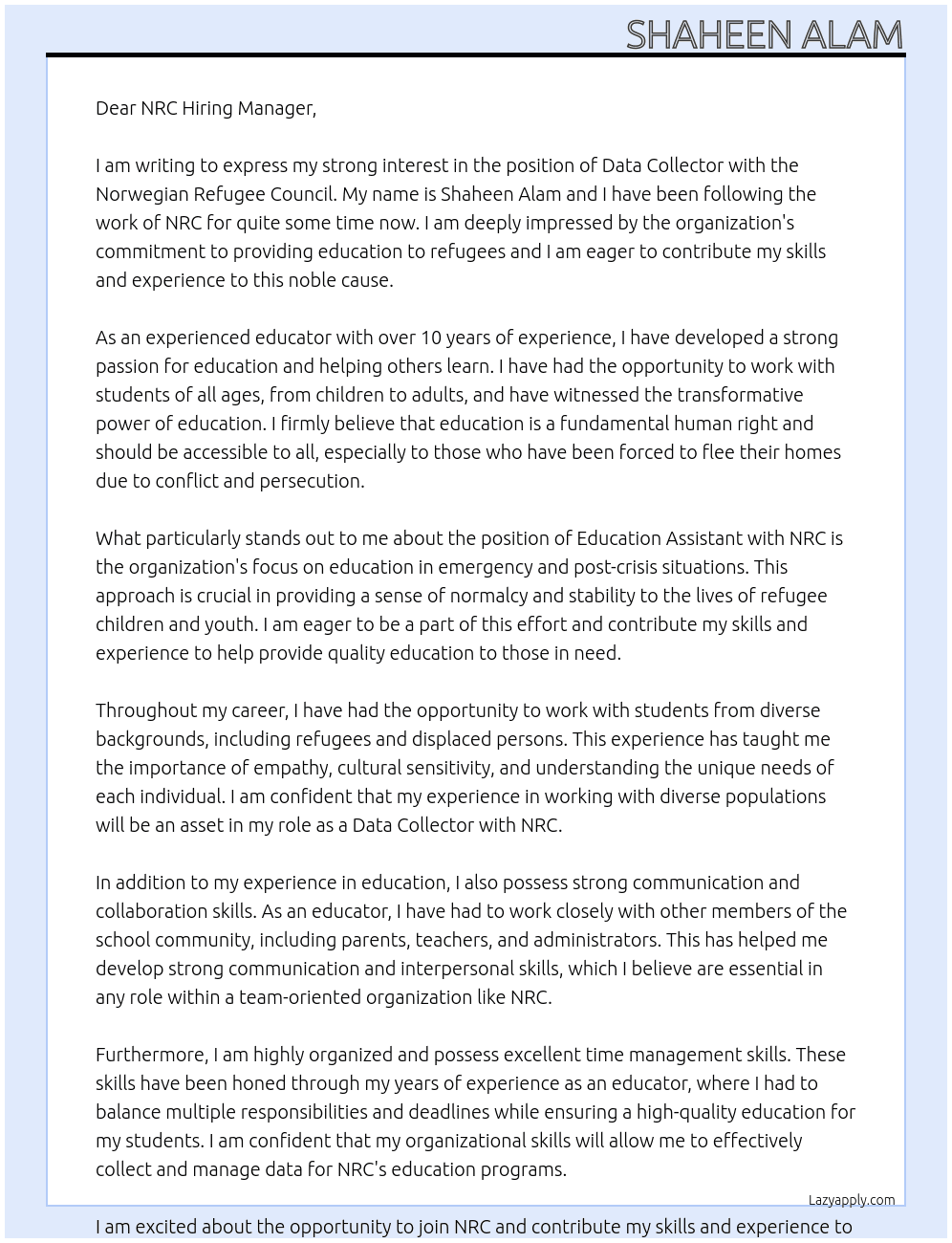 Data Collector  At NRC Cover Letter