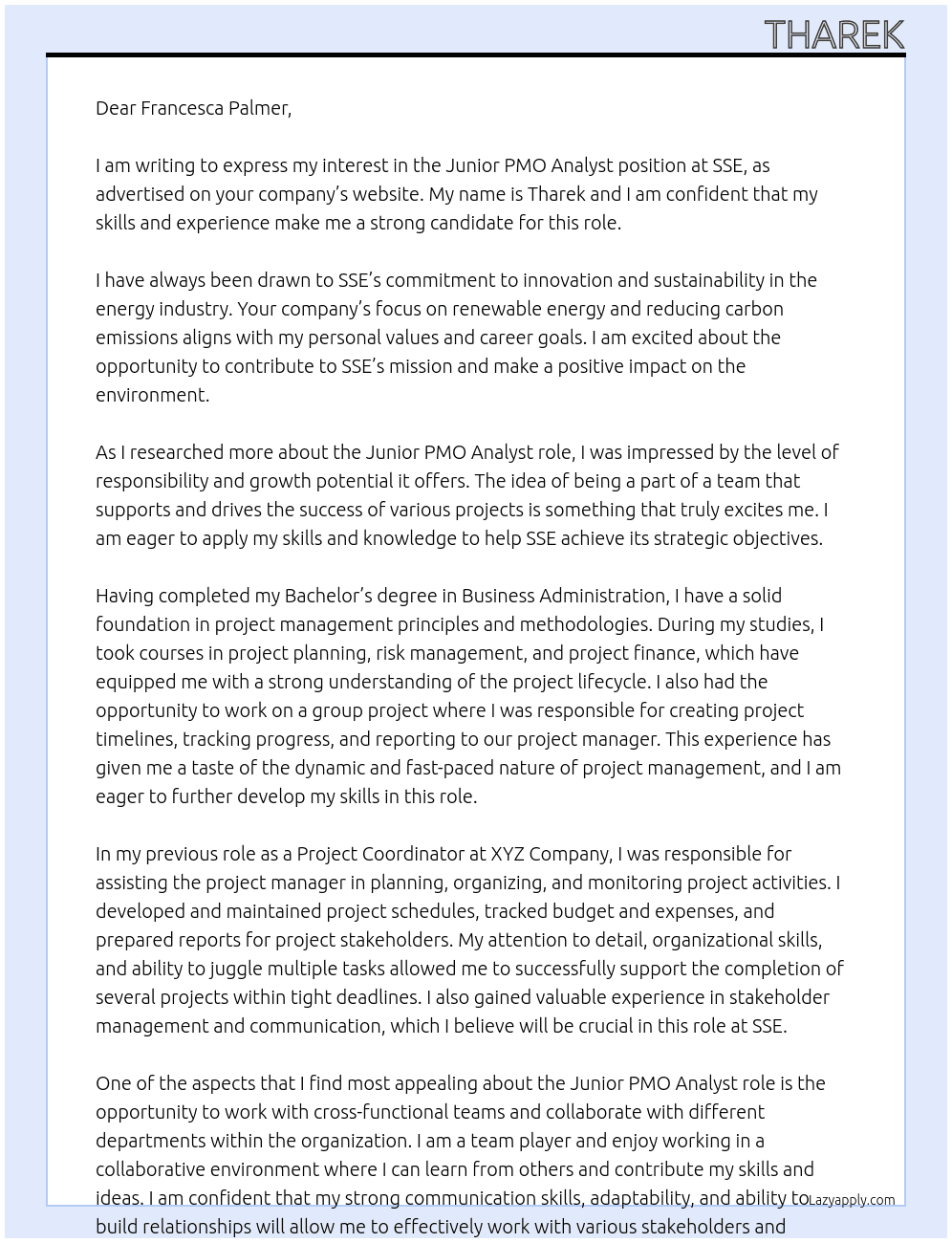 Junior PMO Analyst  At SSE Cover Letter
