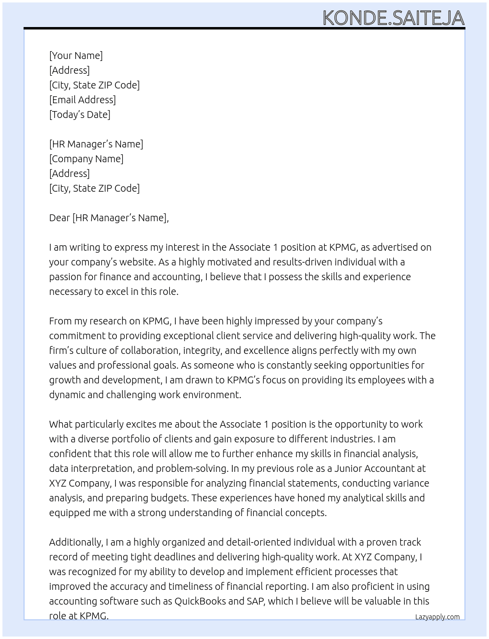 Associate 1 At KPMG Cover Letter