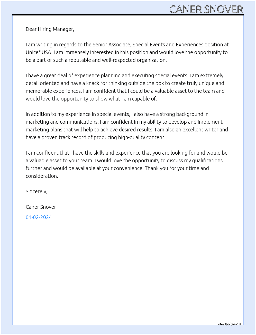 Senior Associate, Special Events and Experiences At Unicef USA Cover Letter