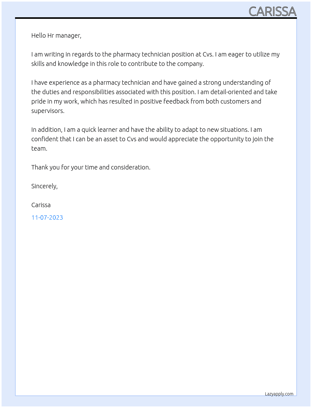 Pharmacy technician  At Cvs Cover Letter