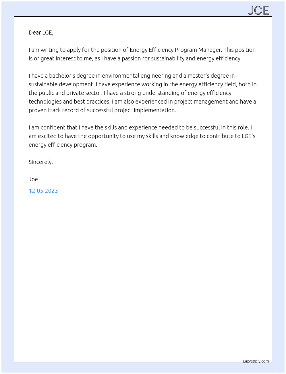 Energy efficiency program manager At LGE Cover Letter