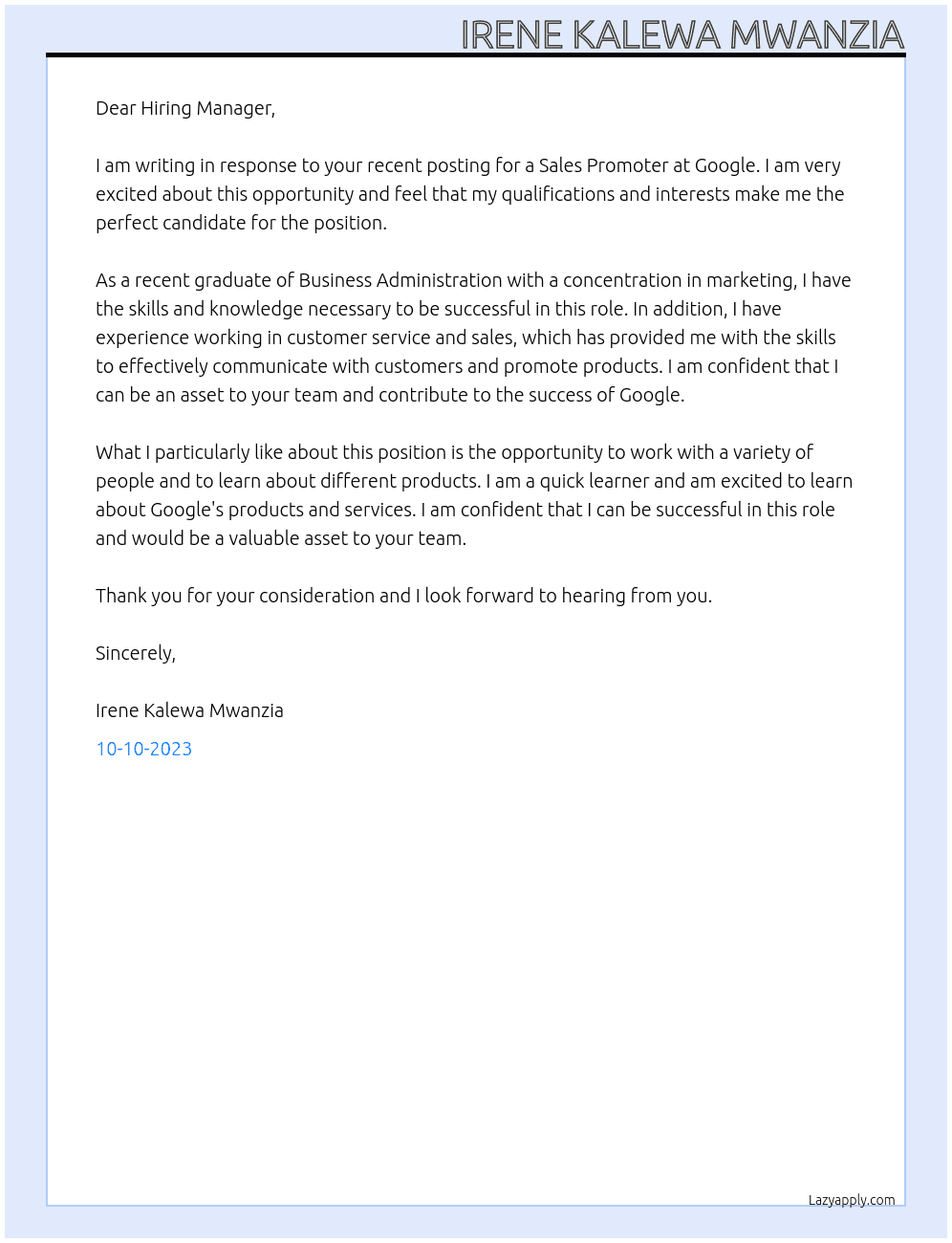 Sales Promoter At Google Cover Letter