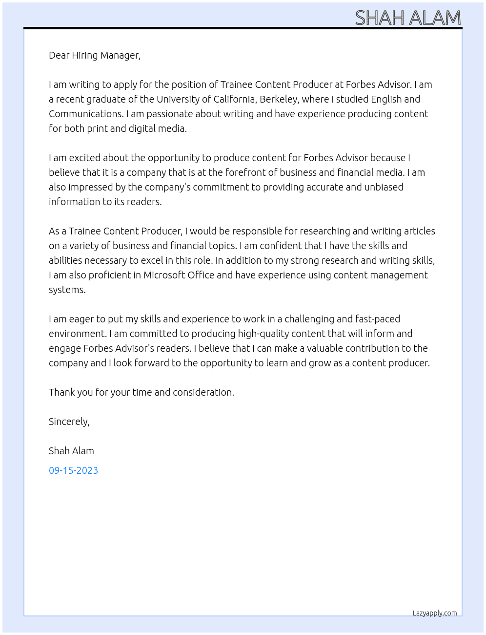 Trainee - Content Producer At Forbes Advisor  Cover Letter