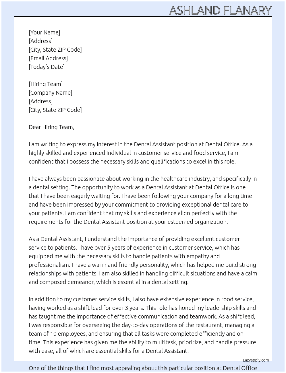 Dental Assistant At Dental Office Cover Letter