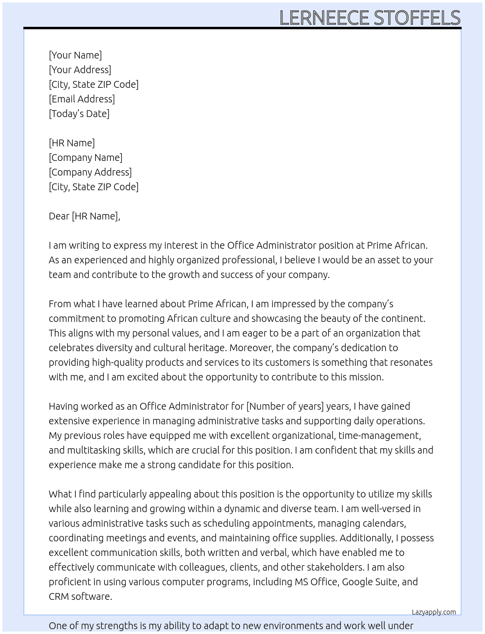 Office administrator At Prime African Cover Letter