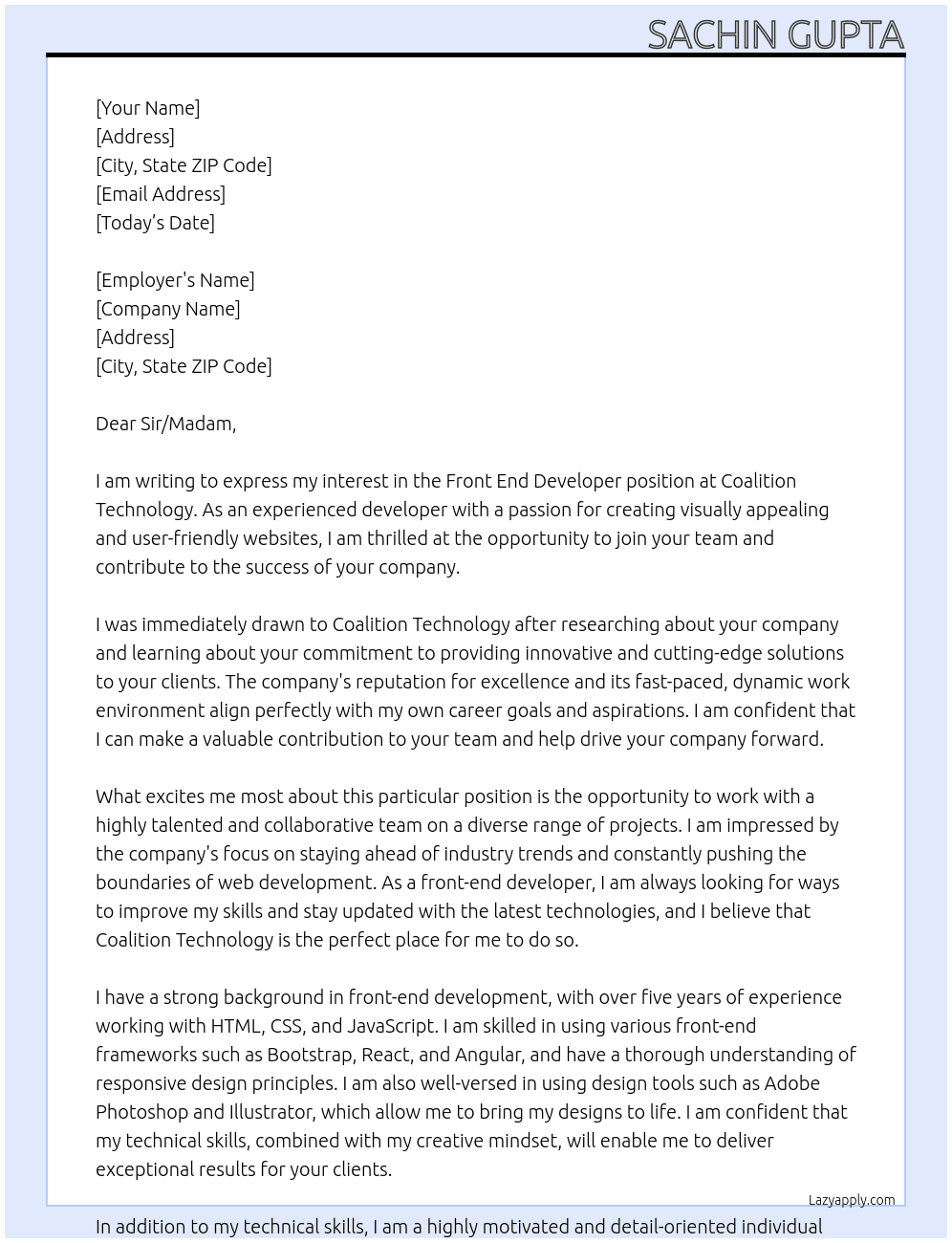front end developer At coalition technology Cover Letter
