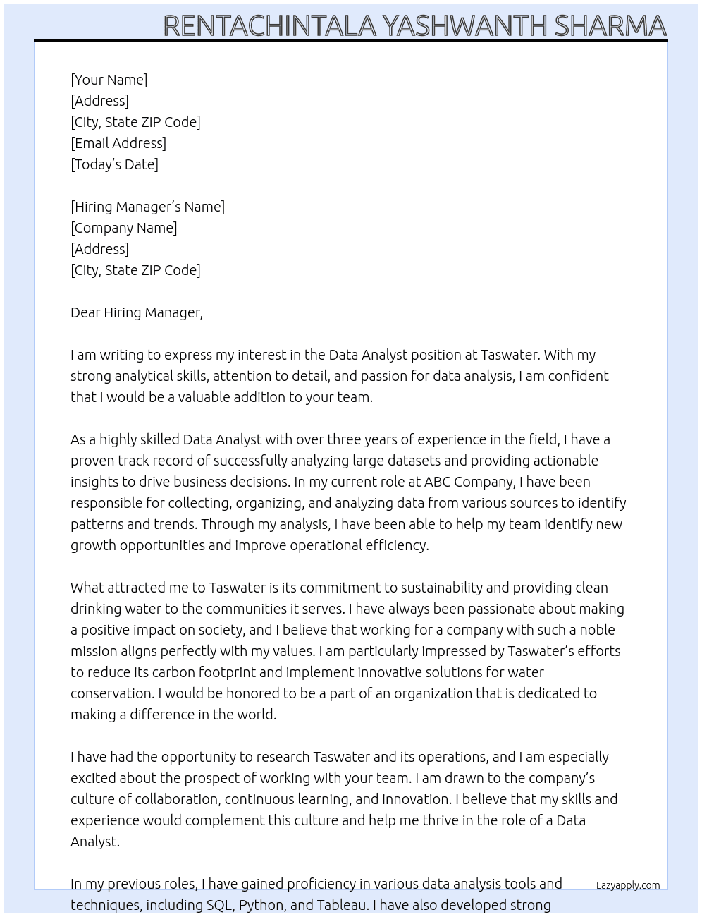 Data analyst  At Taswater Cover Letter