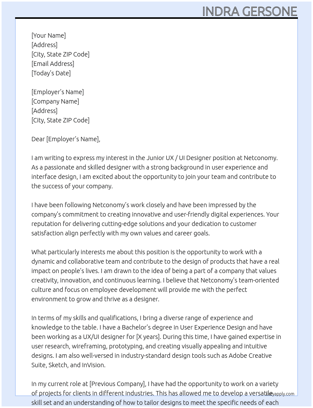 Junior UX / UI Designer At Netconomy Cover Letter
